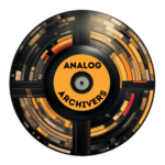 Logo of Analog Archivers, designed to resemble a black vinyl record with a central label in orange and black that reads 'ANALOG ARCHIVERS.' The record has multiple concentric circles with patterns resembling sound waves and sections that look like archive shelves, indicating a collection of analog recordings.