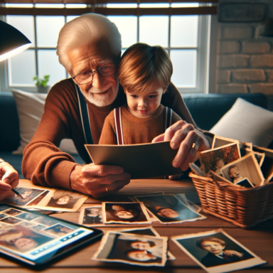 multiple generations - a grandparent and a grandchild - looking at old photos together