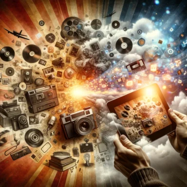 A vibrant and metaphorical representation of the transition from analog to digital media. At the center, a person stands as a bridge between two eras. In one hand, they hold a vintage camera, symbolizing the analog past, while in the other hand, they hold a modern digital tablet, representing the current digital age. This juxtaposition highlights the act of preserving and digitizing old media. The background is adorned with various forms of old media, including vinyl records, cassette tapes, and film reels. These items are rich in detail, conveying a sense of nostalgia and the importance of the memories they hold. As your gaze moves towards the digital tablet, these analog items gradually fade into a cloud of digital pixels, symbolizing their transformation into a digital format. This transition from tangible media to digital pixels is seamless, illustrating the preservation of content while shifting the form. The color palette combines warm, nostalgic hues with vibrant tones, suggesting the new life that digitization brings to these old memories. The overall composition conveys a deep respect for the past and an optimistic embrace of modern technology's role in preserving our history for future generations.