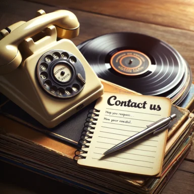 A retro-styled telephone sitting atop a stack of vinyl records, with an open notebook beside it. The notebook has "Contact Us" written on it, with a pen resting on top. This setup suggests a blend of old and new methods of communication, capturing the essence of reaching out in a nostalgic yet modern context. The scene is carefully arranged on a wooden desk, with soft, natural lighting to create a warm and inviting atmosphere. The telephone is a classic model, evoking a sense of history and connection.