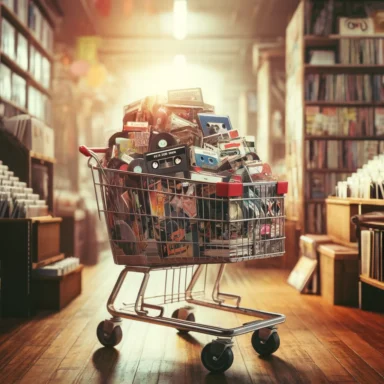 a shopping cart overflowing with an eclectic mix of vinyl records and cassette tapes, each with colorful and artistic covers